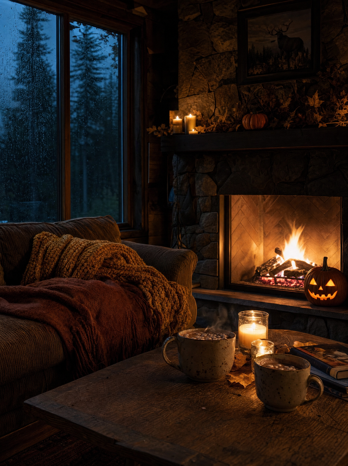 Pumpkins and lanterns on a log cabin porch at night