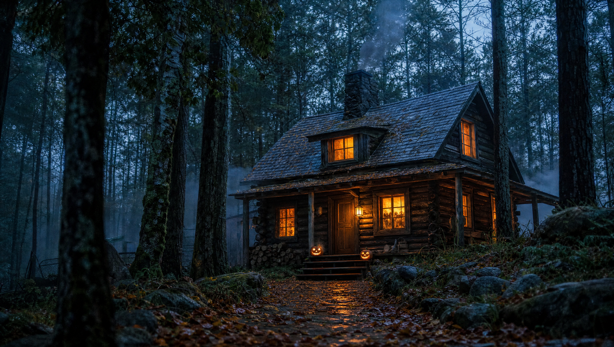 A log cabin glowing in a misty autumn forest at dusk
