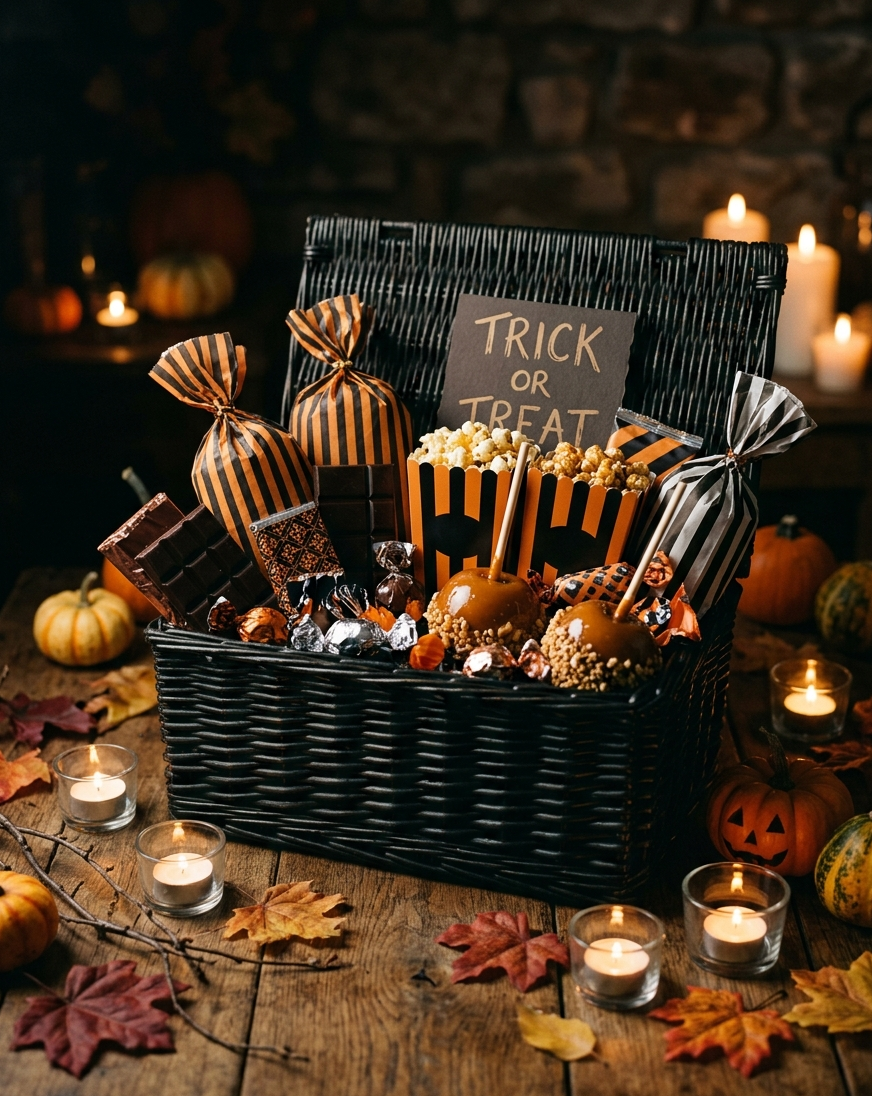 A Halloween hamper of sweets and treats by candlelight